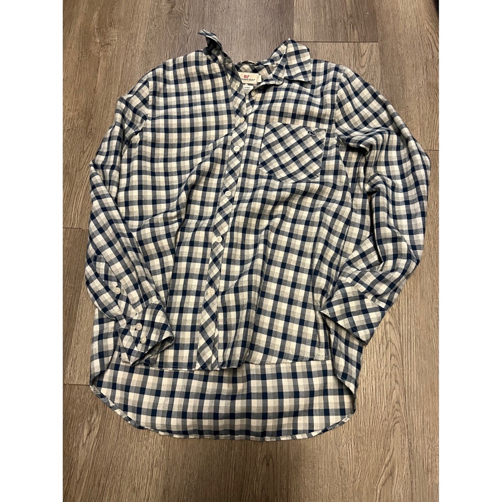Vineyard Vines Relaxed Fit Gingham Flannel Button Down Shirt Navy White Size 6